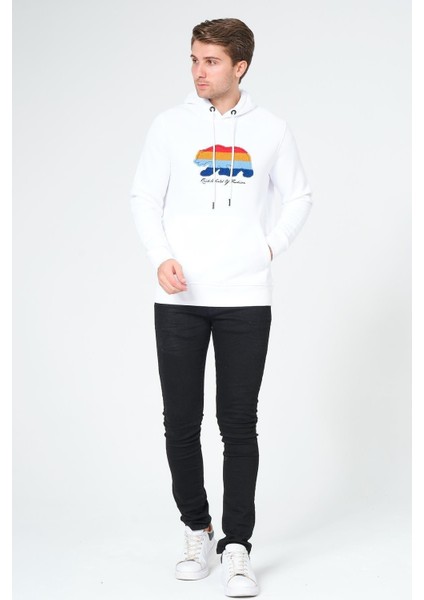 Süzene Nakış Ayı Baskılı Kapüşonlu Beyaz Sweatshirt Polarlı fırsatları