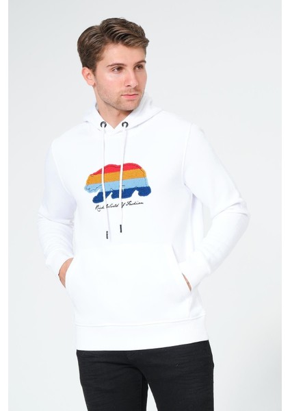 Süzene Nakış Ayı Baskılı Kapüşonlu Beyaz Sweatshirt Polarlı indirimleri