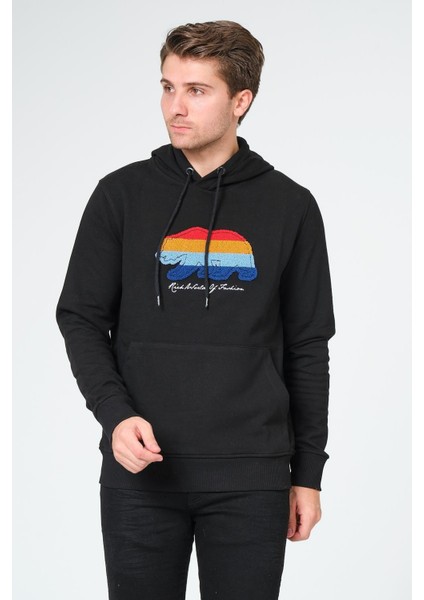 Süzene Nakış Ayı Baskılı Kapüşonlu Lacivert Sweatshirt Polarlı