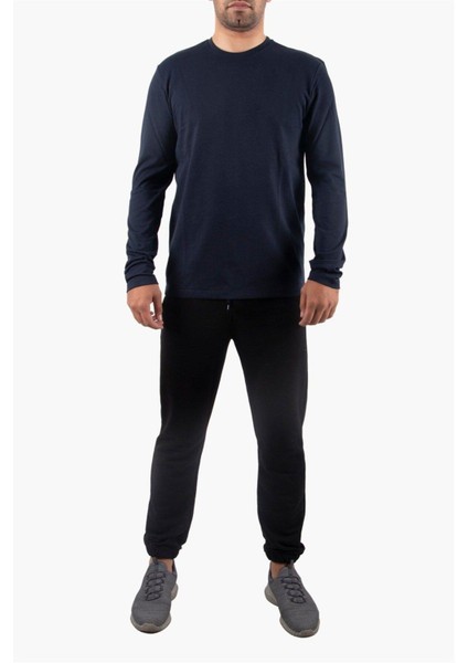 Bisiklet Yaka Lacivert Body %100 Pamuk Uzun Kollu Tişört