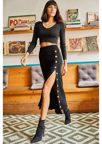 Kadın Yandan Açılabilir Düğmeli Yüksek Bel Triko Etek TD4000