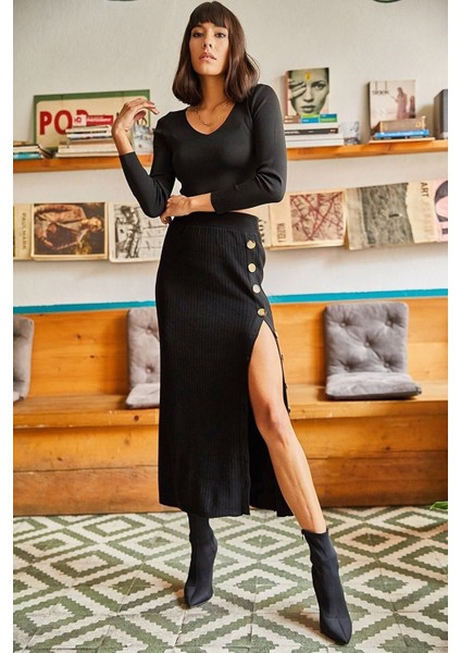 Kadın Yandan Açılabilir Düğmeli Yüksek Bel Triko Etek TD4000 fiyatları