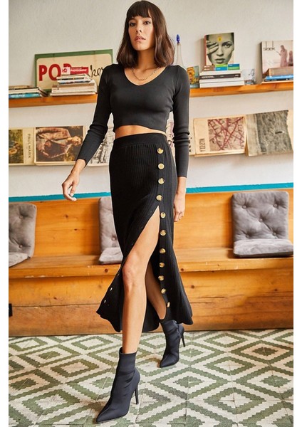 Kadın Yandan Açılabilir Düğmeli Yüksek Bel Triko Etek TD4000 fırsatları