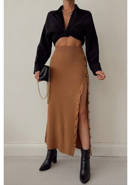 Kadın Camel Yandan Düğmeli Triko Etek TRK5005