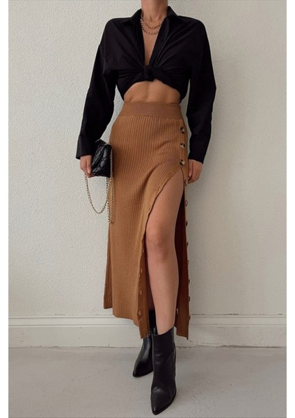 Kadın Camel Yandan Düğmeli Triko Etek TRK5005 fiyatları