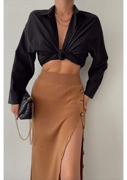 Kadın Camel Yandan Düğmeli Triko Etek TRK5005 modelleri