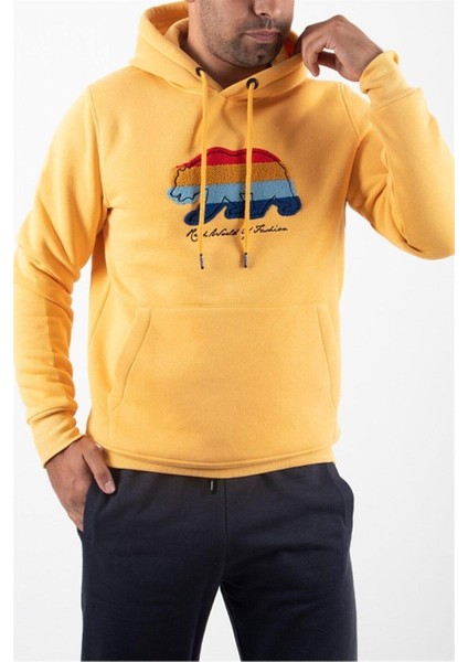 Süzene Nakış Ayı Baskılı Kapüşonlu Hardal Sweatshirt Polarlı