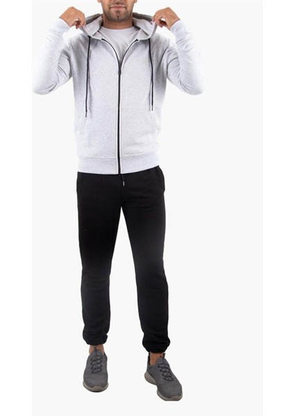 Şardonlu Fermuarlı Kapüşonlu Gri Sweatshirt Polar Hırka