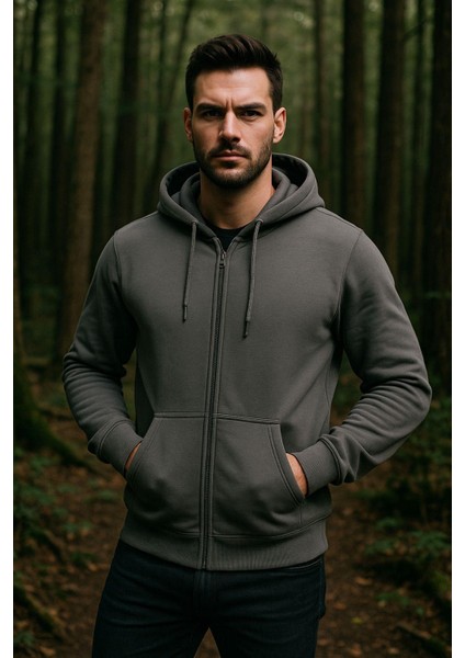 Erkek Kapüşonlu Pamuklu Sweatshirt Hırka Fermuarlı Rahat Kalıp Basic Hırka