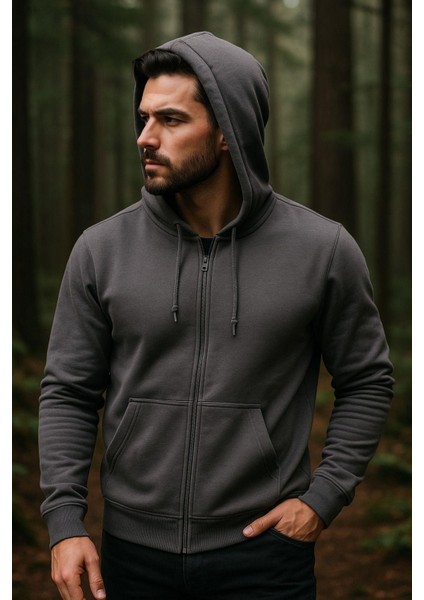 Erkek Kapüşonlu Pamuklu Sweatshirt Hırka Fermuarlı Rahat Kalıp Basic Hırka fiyatları