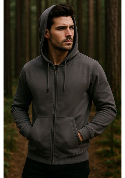 Erkek Kapüşonlu Pamuklu Sweatshirt Hırka Fermuarlı Rahat Kalıp Basic Hırka modelleri