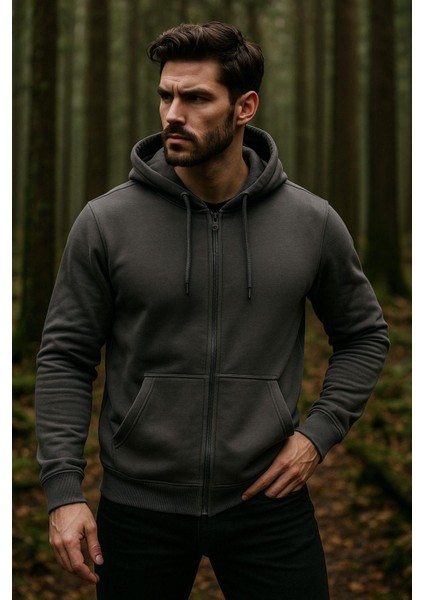 Erkek Kapüşonlu Pamuklu Sweatshirt Hırka Fermuarlı Rahat Kalıp Basic Hırka fırsatları