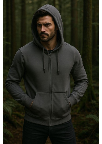 Erkek Kapüşonlu Pamuklu Sweatshirt Hırka Fermuarlı Rahat Kalıp Basic Hırka indirimleri