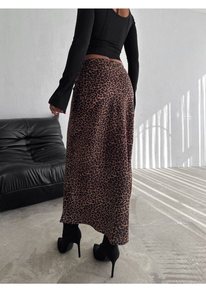 Kadın Yüksek Bel Leopar Desenli Uzun Maksi Saten Etek MNN4452 modelleri