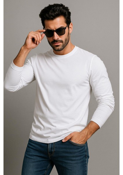 Erkek Bisiklet Yaka Beyaz Body %100 Pamuk Uzun Kollu Tişört Erkek Düz T-Shirt