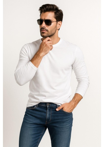 Erkek Bisiklet Yaka Beyaz Body %100 Pamuk Uzun Kollu Tişört Erkek Düz T-Shirt fiyatları