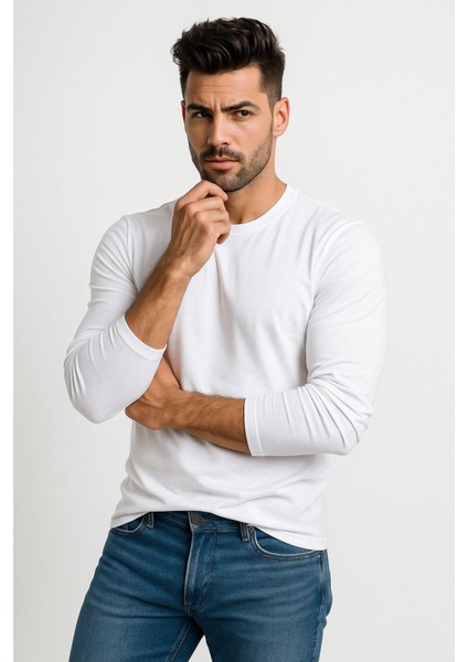 Erkek Bisiklet Yaka Beyaz Body %100 Pamuk Uzun Kollu Tişört Erkek Düz T-Shirt fırsatları