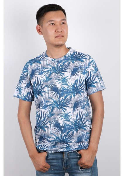 Erkek Bisiklet Yaka Baskılı T-Shirt %100 Pamuk Tişört