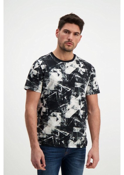 Siyah Desenli Erkek Bisiklet Yaka T-Shirt