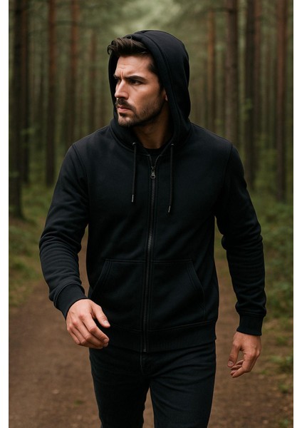Erkek Kapüşonlu Pamuklu Sweatshirt Hırka Fermuarlı Rahat Kalıp Basic Hırka