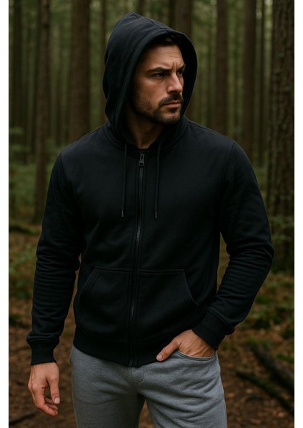 Erkek Kapüşonlu Pamuklu Sweatshirt Hırka Fermuarlı Rahat Kalıp Basic Hırka fiyatları