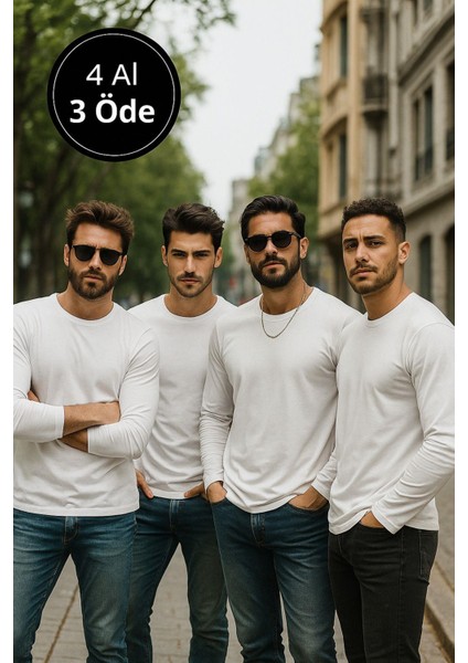 Erkek Beyaz 4'lü Paket Basic Uzun Kollu Tişört Sporcu Body T-Shirt
