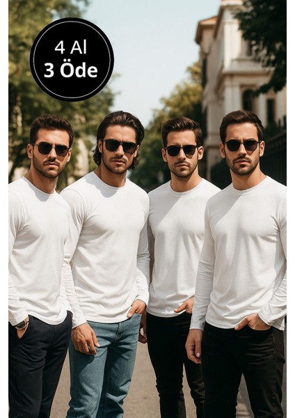 Erkek Beyaz 4'lü Paket Basic Uzun Kollu Tişört Sporcu Body T-Shirt fiyatları