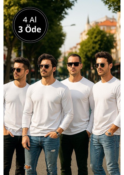 Erkek Beyaz 4'lü Paket Basic Uzun Kollu Tişört Sporcu Body T-Shirt modelleri