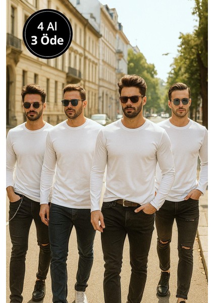 Erkek Beyaz 4'lü Paket Basic Uzun Kollu Tişört Sporcu Body T-Shirt indirimleri