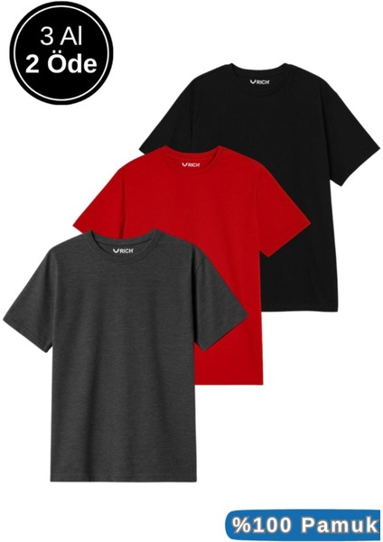 Erkek 3lü Paket Siyah-Kırmızı-Antrasit Pamuklu Oversize Tişört Bisiklet Yaka Kısa Kollu T-Shirt