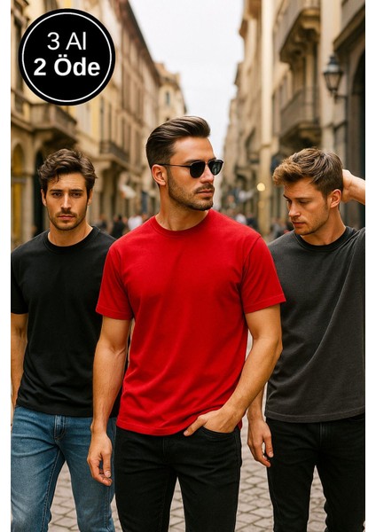 Erkek 3lü Paket Siyah-Kırmızı-Antrasit Pamuklu Oversize Tişört Bisiklet Yaka Kısa Kollu T-Shirt modelleri