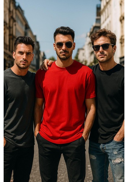 Erkek 3lü Paket Siyah-Kırmızı-Antrasit Pamuklu Oversize Tişört Bisiklet Yaka Kısa Kollu T-Shirt fırsatları