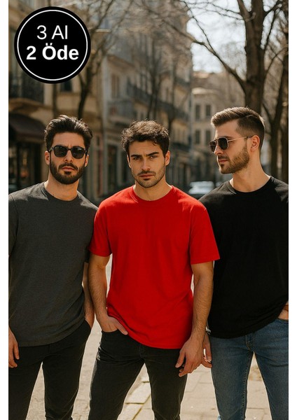 Erkek 3lü Paket Siyah-Kırmızı-Antrasit Pamuklu Oversize Tişört Bisiklet Yaka Kısa Kollu T-Shirt indirimleri