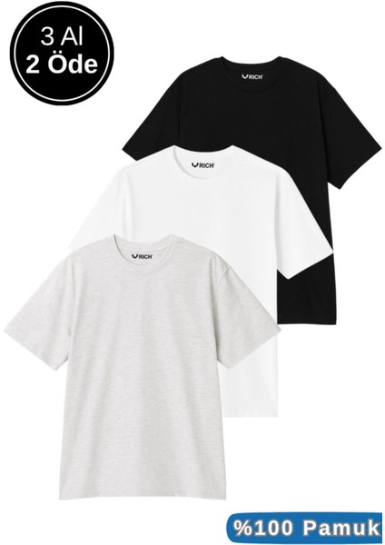 Erkek 3'lü Paket Siyah-Beyaz-Gri Melanj Pamuklu Oversize Tişört Bisiklet Yaka Kısa Kollu T-Shirt