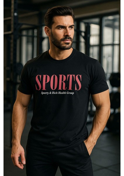 Erkek Siyah Basic T-Shirt Baskılı Slim Fit %100 Pamuk Tişört