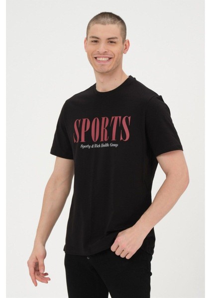 Erkek Siyah Basic T-Shirt Baskılı Slim Fit %100 Pamuk Tişört fırsatları