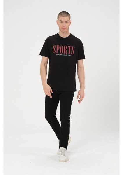 Erkek Siyah Basic T-Shirt Baskılı Slim Fit %100 Pamuk Tişört indirimleri