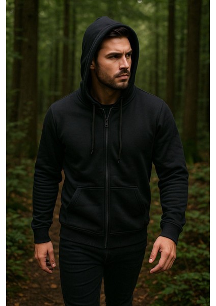 Erkek Kapüşonlu Pamuklu Sweatshirt Hırka Fermuarlı Rahat Kalıp Basic Hırka fırsatları
