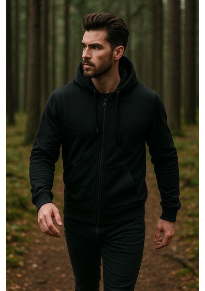 Erkek Kapüşonlu Pamuklu Sweatshirt Hırka Fermuarlı Rahat Kalıp Basic Hırka indirimleri