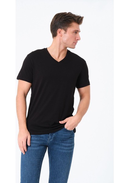 Erkek %100 Pamuk Kısa Kollu Siyah T-Shirt V Yaka Basic Erkek Tişört
