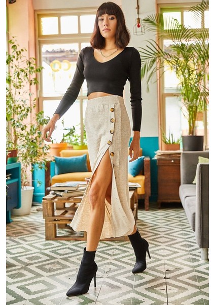 Kadın Yandan Açılabilir Düğmeli Yüksek Bel Triko Etek TD4000