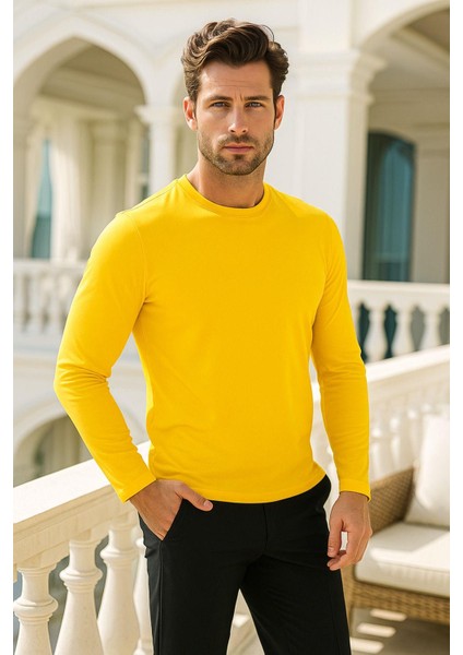 Erkek Uzun Kollu Bisiklet Yaka Tişört - %100 Pamuk Basic Relaxed T-Shirt