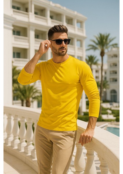 Erkek Uzun Kollu Bisiklet Yaka Tişört - %100 Pamuk Basic Relaxed T-Shirt modelleri