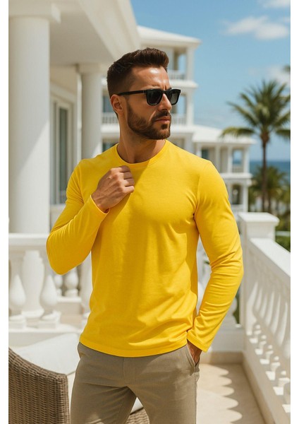 Erkek Uzun Kollu Bisiklet Yaka Tişört - %100 Pamuk Basic Relaxed T-Shirt indirimleri