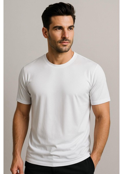Erkek %100 Pamuk Slim Fit Sporcu Tişört Basic Bisiklet Yaka Kısa Kollu T-Shirt