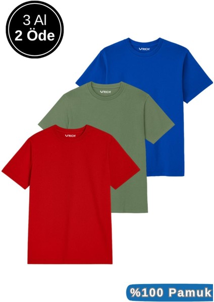 Erkek 3'lü Paket Kırmızı-Mavi-Koyu Yeşil Pamuklu Oversize Tişört Bisiklet Yaka Kısa Kollu T-Shirt