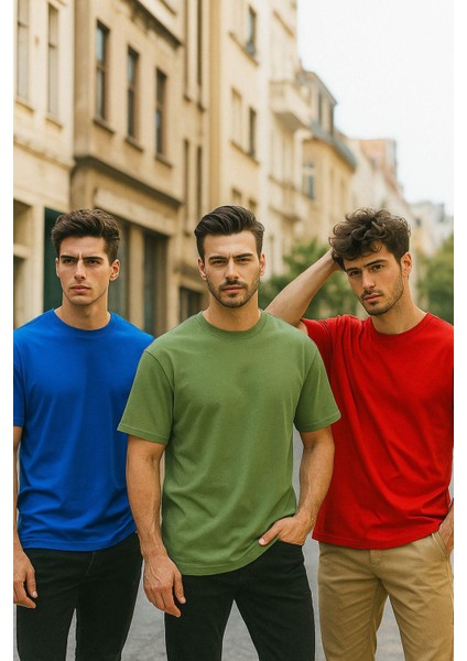 Erkek 3'lü Paket Kırmızı-Mavi-Koyu Yeşil Pamuklu Oversize Tişört Bisiklet Yaka Kısa Kollu T-Shirt fiyatları