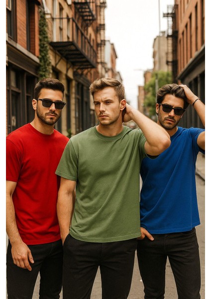 Erkek 3'lü Paket Kırmızı-Mavi-Koyu Yeşil Pamuklu Oversize Tişört Bisiklet Yaka Kısa Kollu T-Shirt modelleri