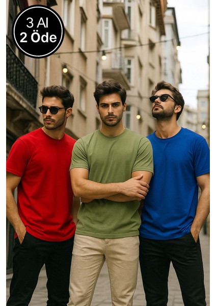Erkek 3'lü Paket Kırmızı-Mavi-Koyu Yeşil Pamuklu Oversize Tişört Bisiklet Yaka Kısa Kollu T-Shirt fırsatları