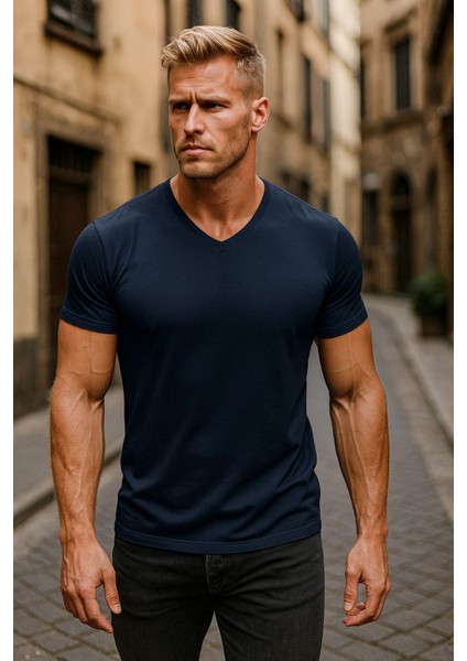 Erkek %100 Pamuk Kısa Kollu Lacivert T-Shirt V Yaka Basic Erkek Tişört